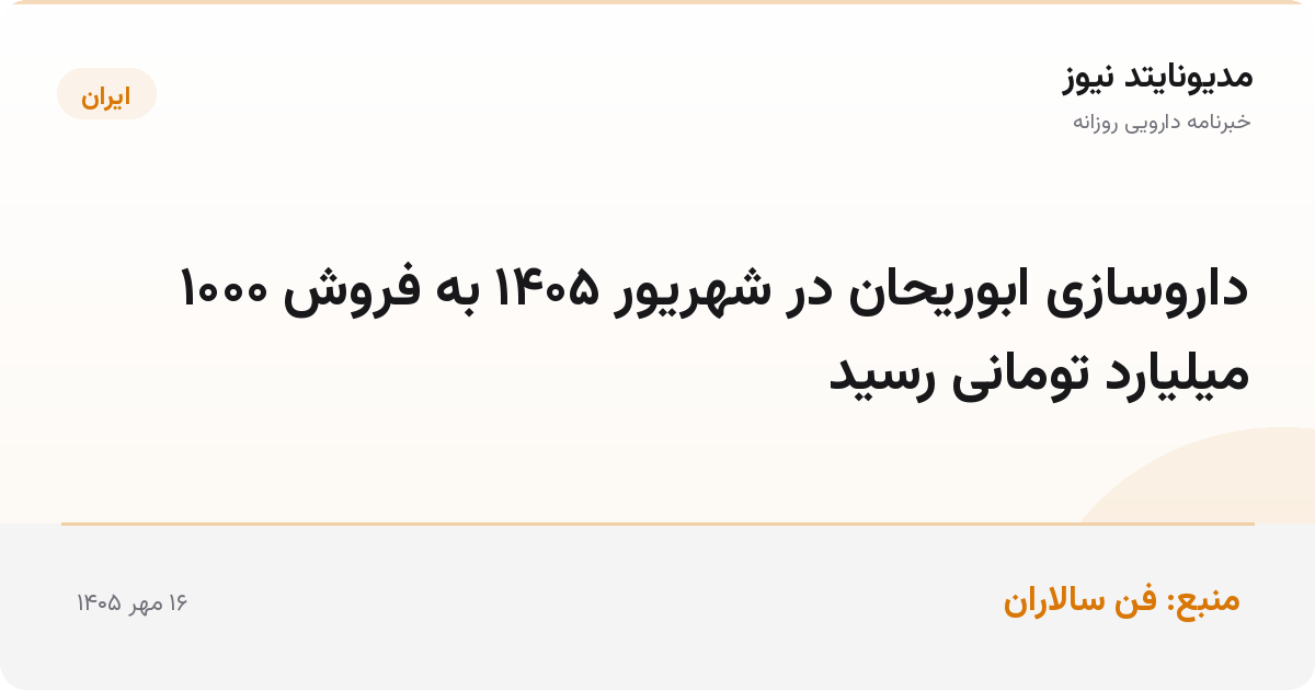 داروسازی ابوریحان در شهریور ۱۴۰۵ به فروش ۱۰۰۰ میلیارد تومانی رسید