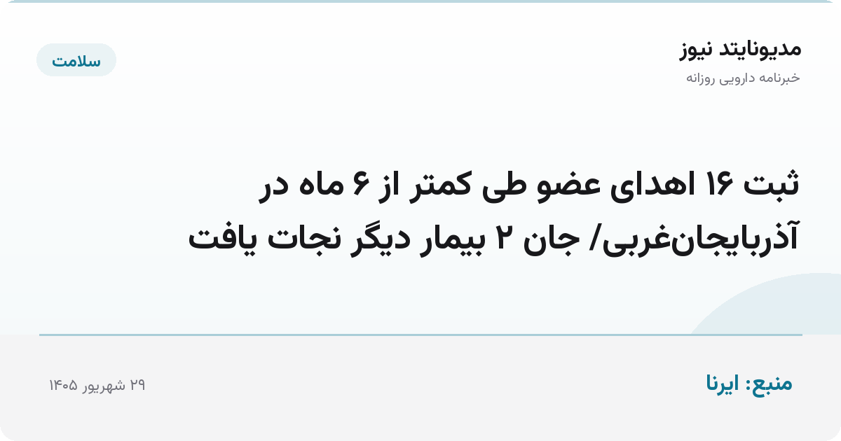 ثبت ۱۶ اهدای عضو طی کمتر از ۶ ماه در آذربایجان‌غربی/ جان ۲ بیمار دیگر نجات یافت