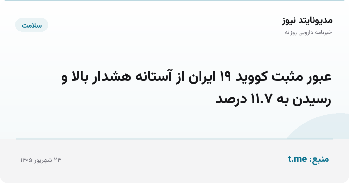 عبور مثبت کووید ۱۹ ایران از آستانه هشدار بالا و رسیدن به ۱۱.۷ درصد